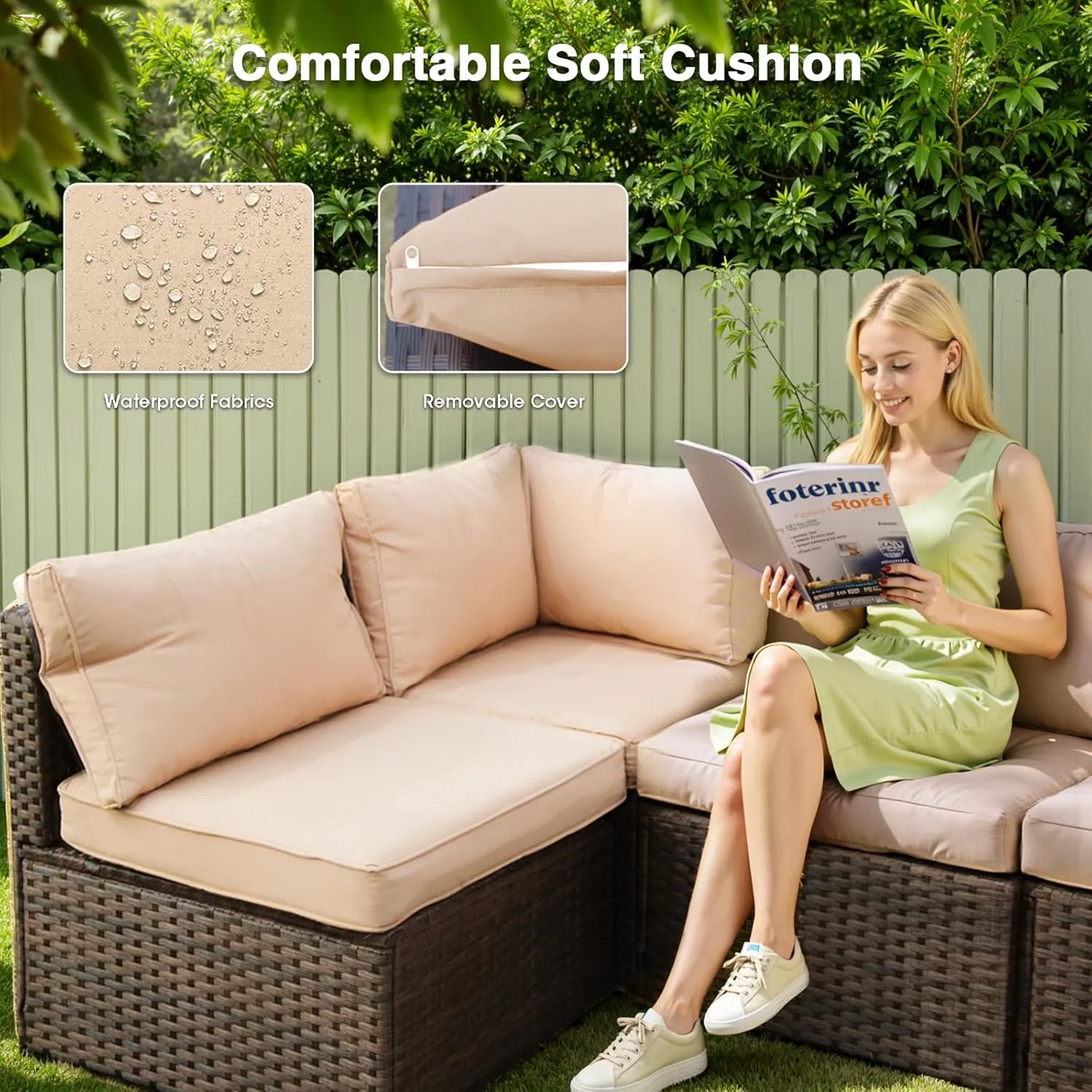 Patio Furniture Set with Fire Pit Table 5 Piece All Weather PE Rattan Outdoor Sectional Sofa Couch with 4 x arm Sofa, No-Slip Cushions for Garden, Poolside, Backyard (Beige)