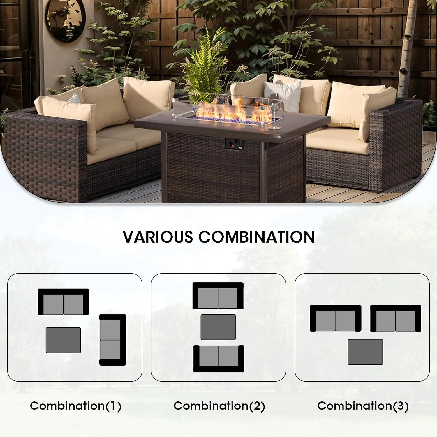 Patio Furniture Set with Fire Pit Table 5 Piece All Weather PE Rattan Outdoor Sectional Sofa Couch with 4 x arm Sofa, No-Slip Cushions for Garden, Poolside, Backyard (Beige)