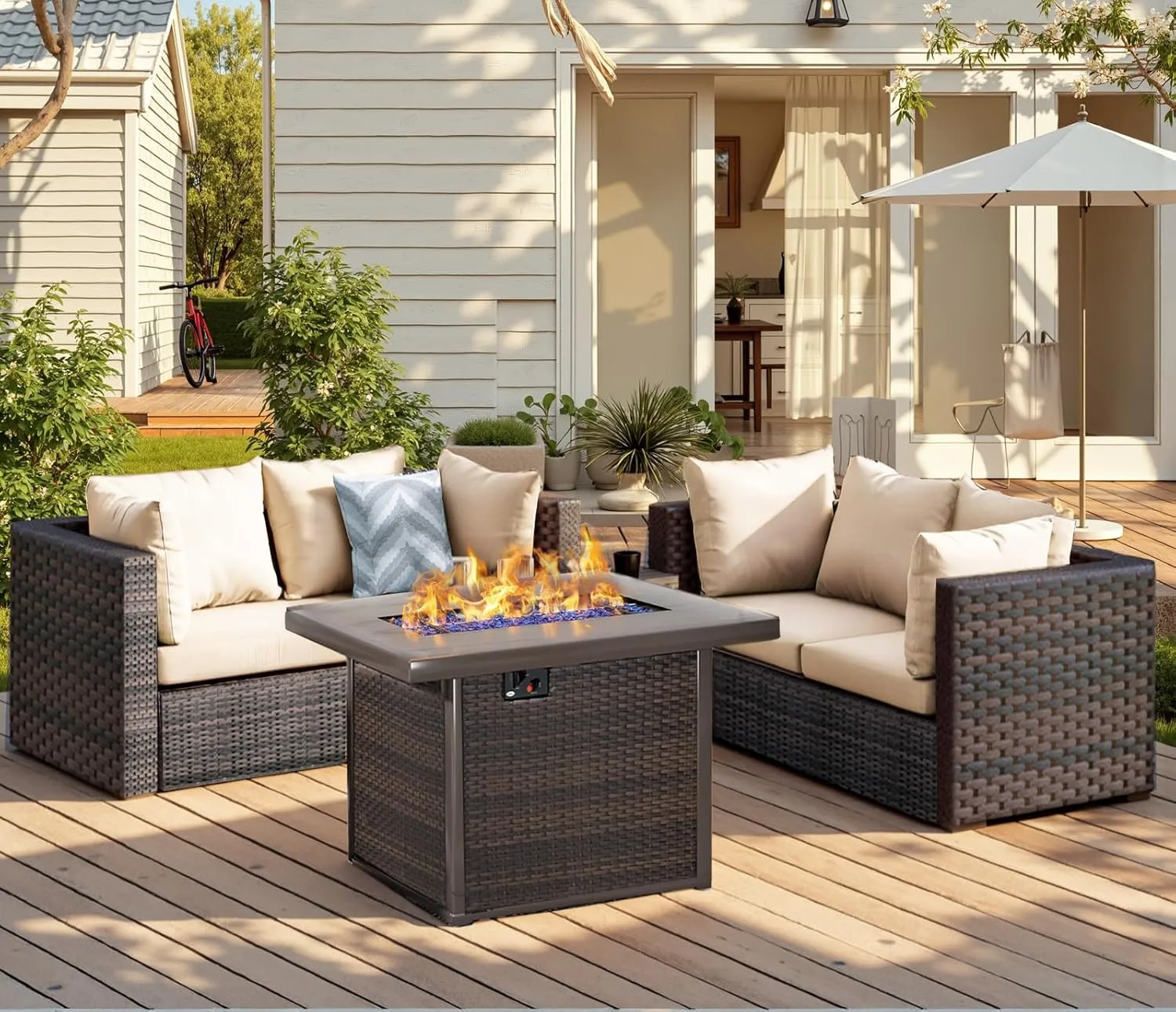 Patio Furniture Set with Fire Pit Table 5 Piece All Weather PE Rattan Outdoor Sectional Sofa Couch with 4 x arm Sofa, No-Slip Cushions for Garden, Poolside, Backyard (Beige)