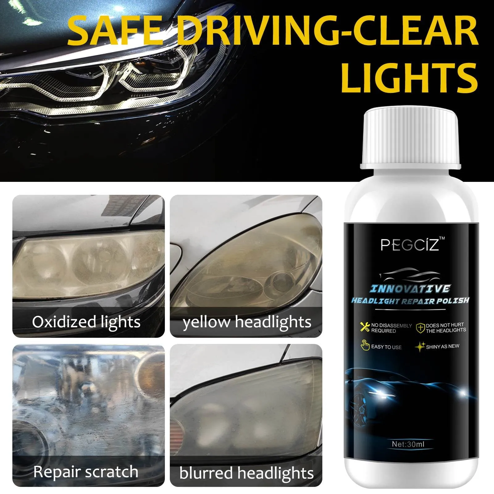 Pegciz Innovative Headlight Repair Polish for Car, Repair Yellow/Blurred/Oxidized/Scratch Headlight, Car Headlamp Cleaning Flulids Polish Plastic Surfaces to High Gloss,Headlight Restoration