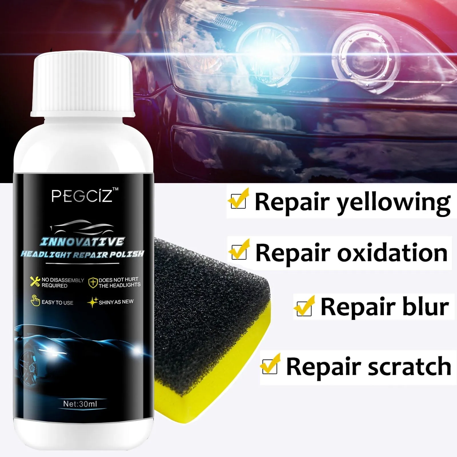 Pegciz Innovative Headlight Repair Polish for Car, Repair Yellow/Blurred/Oxidized/Scratch Headlight, Car Headlamp Cleaning Flulids Polish Plastic Surfaces to High Gloss,Headlight Restoration