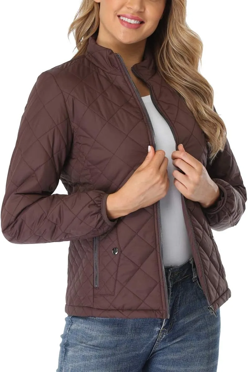PEIQI Women's Quilted Jacket Coat Outwear Puffer Zip-up Stand Collar Padded Jacket with Pockets