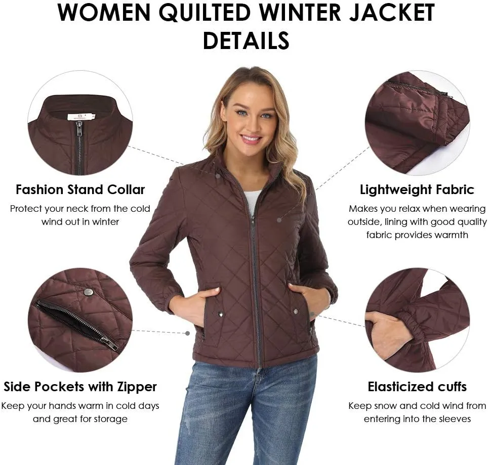 PEIQI Women's Quilted Jacket Coat Outwear Puffer Zip-up Stand Collar Padded Jacket with Pockets