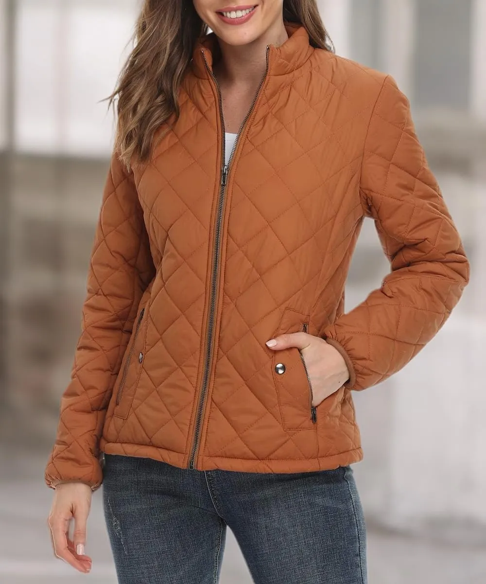 PEIQI Women's Quilted Jacket Coat Outwear Puffer Zip-up Stand Collar Padded Jacket with Pockets