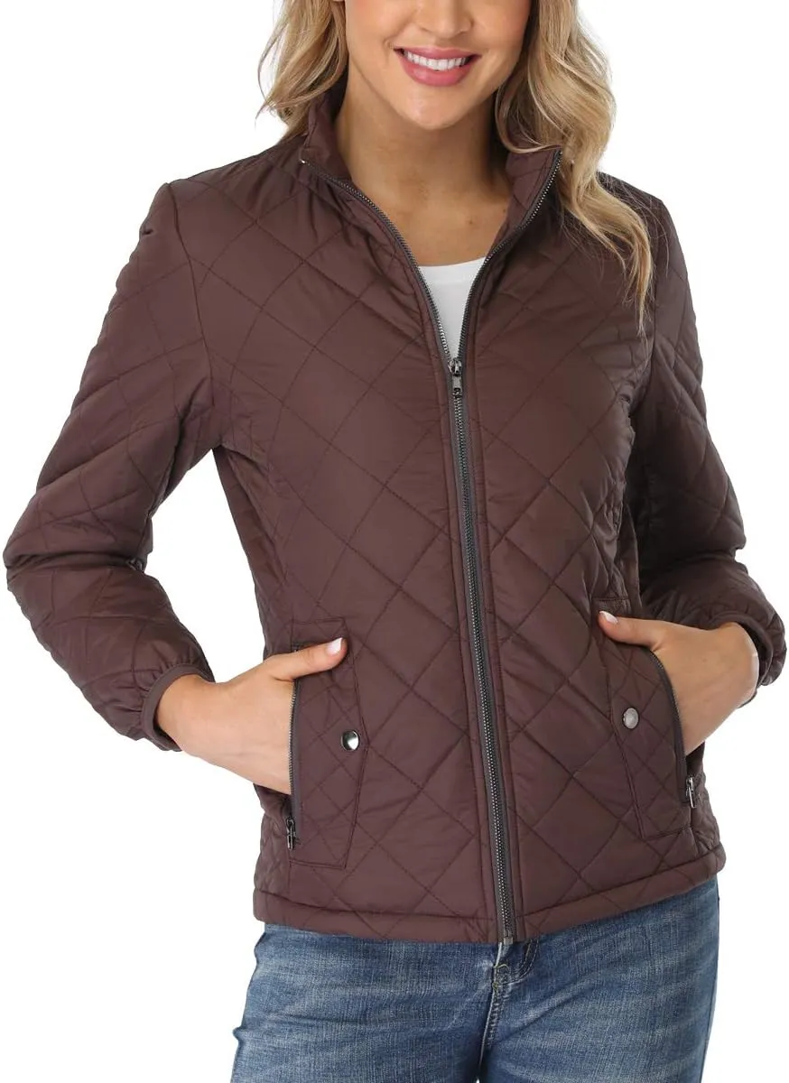 PEIQI Women's Quilted Jacket Coat Outwear Puffer Zip-up Stand Collar Padded Jacket with Pockets