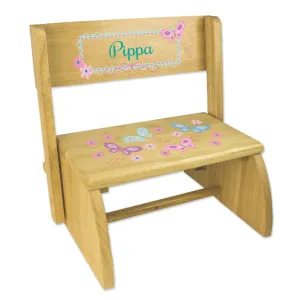 Personalized Aqua Butterflies Natural Flip Stool