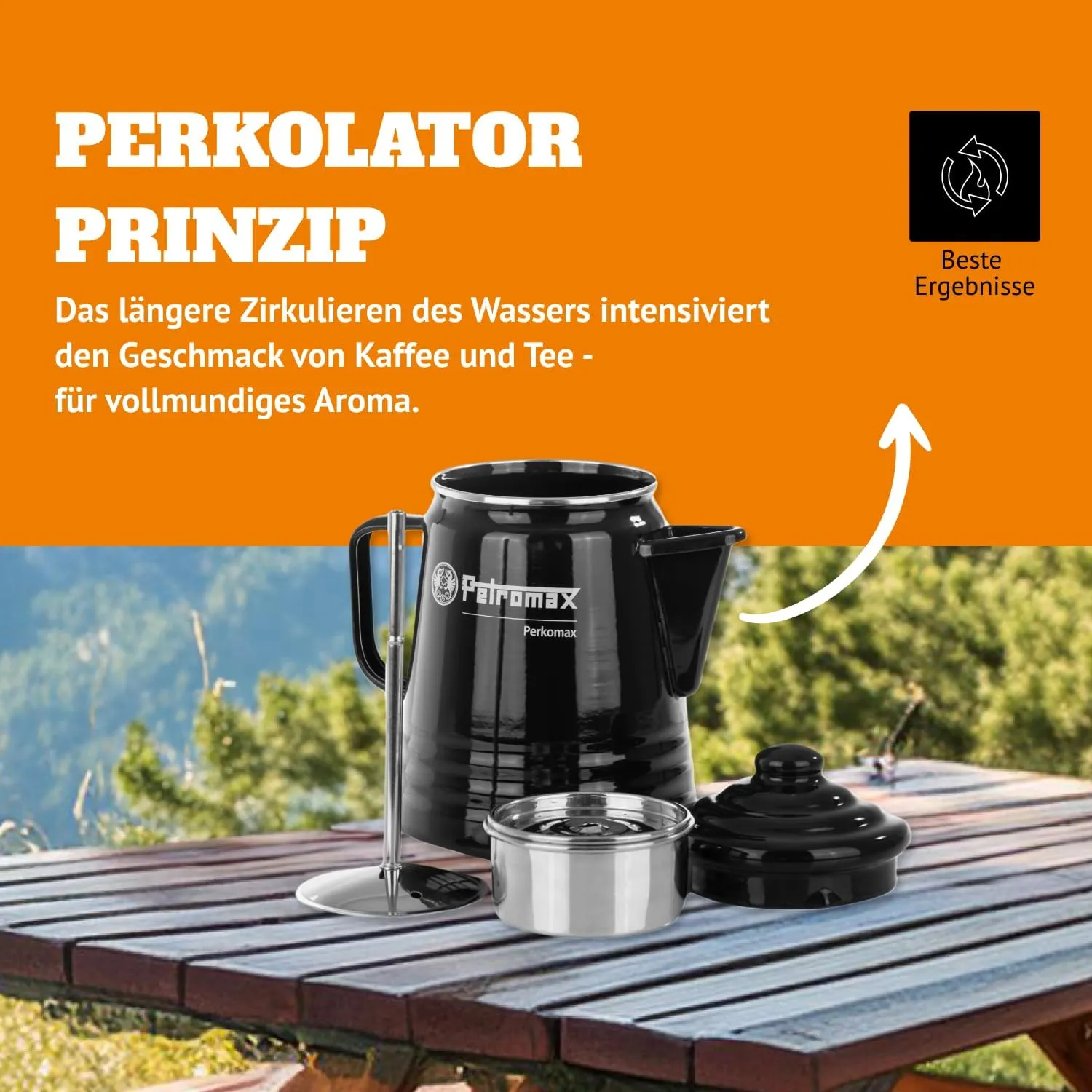 Petromax Tea and Coffee Percolator, Use Indoor/Outdoors for Home Kitchen or Campfire, Enameled Steel Coffee and Tea Pot Brews to Your Taste, 5-6 Cup Capacity