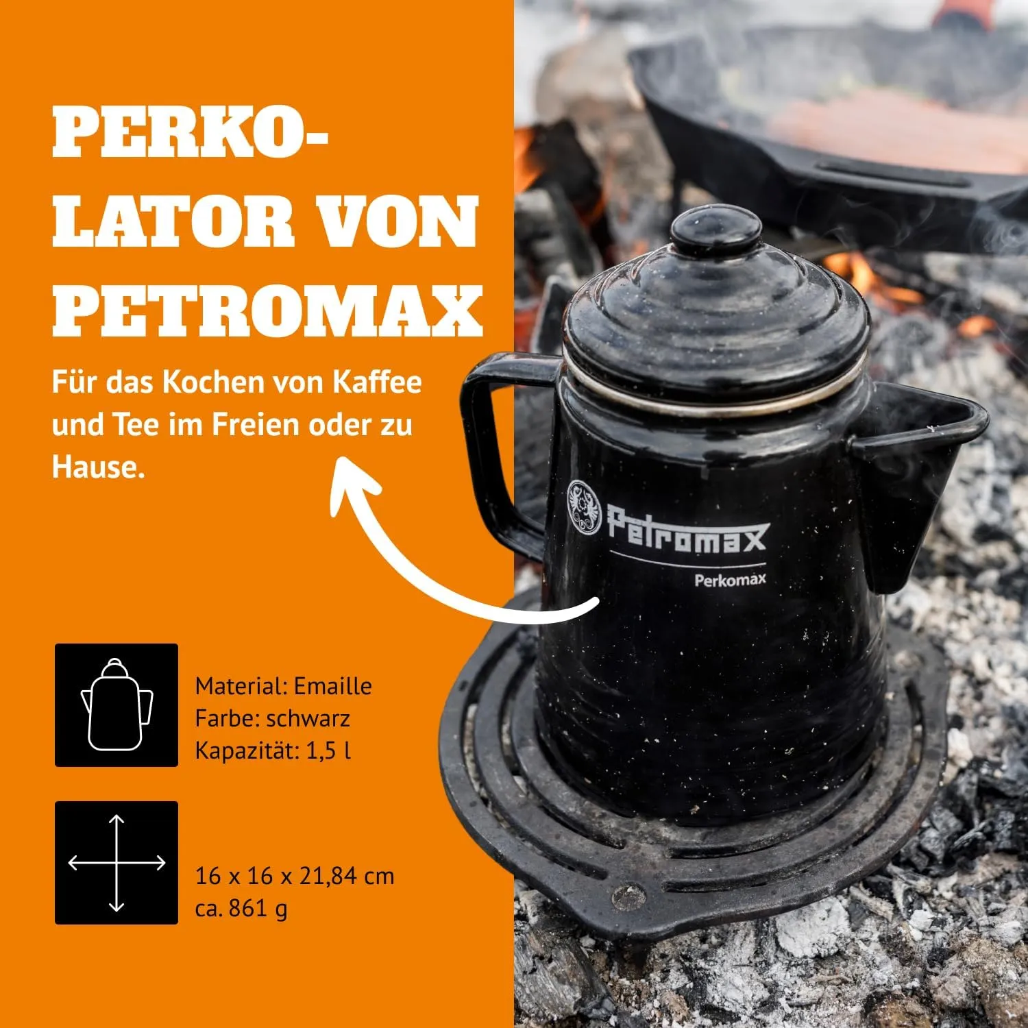 Petromax Tea and Coffee Percolator, Use Indoor/Outdoors for Home Kitchen or Campfire, Enameled Steel Coffee and Tea Pot Brews to Your Taste, 5-6 Cup Capacity