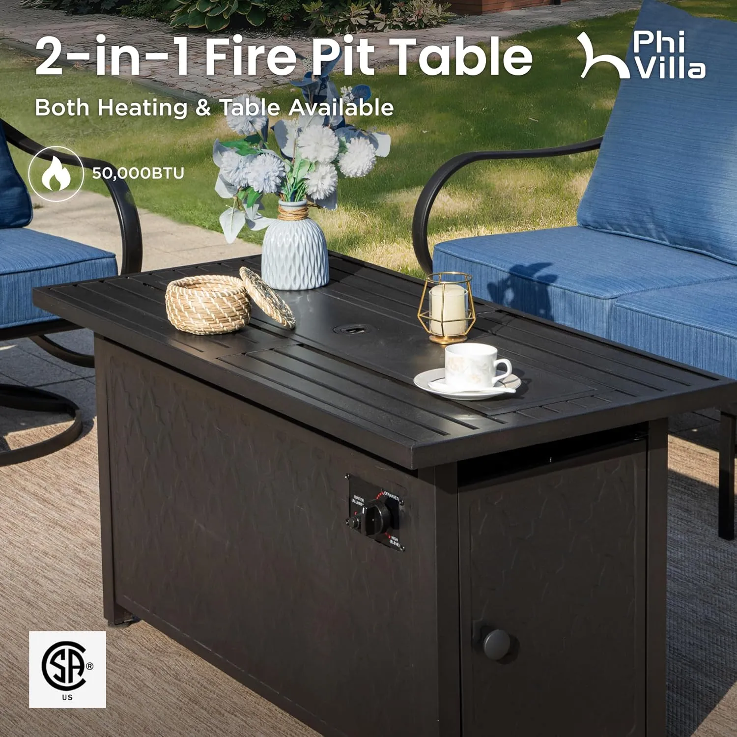 PHI VILLA 4 Piece Patio Furniture with FirePit Table, Metal Outdoor Furniture Set with 3-Seat Wide Deep Seating Bench & 2 x Swivel Sofa Chairs,Outdoor Conversation Set for 5, Peacock Blue