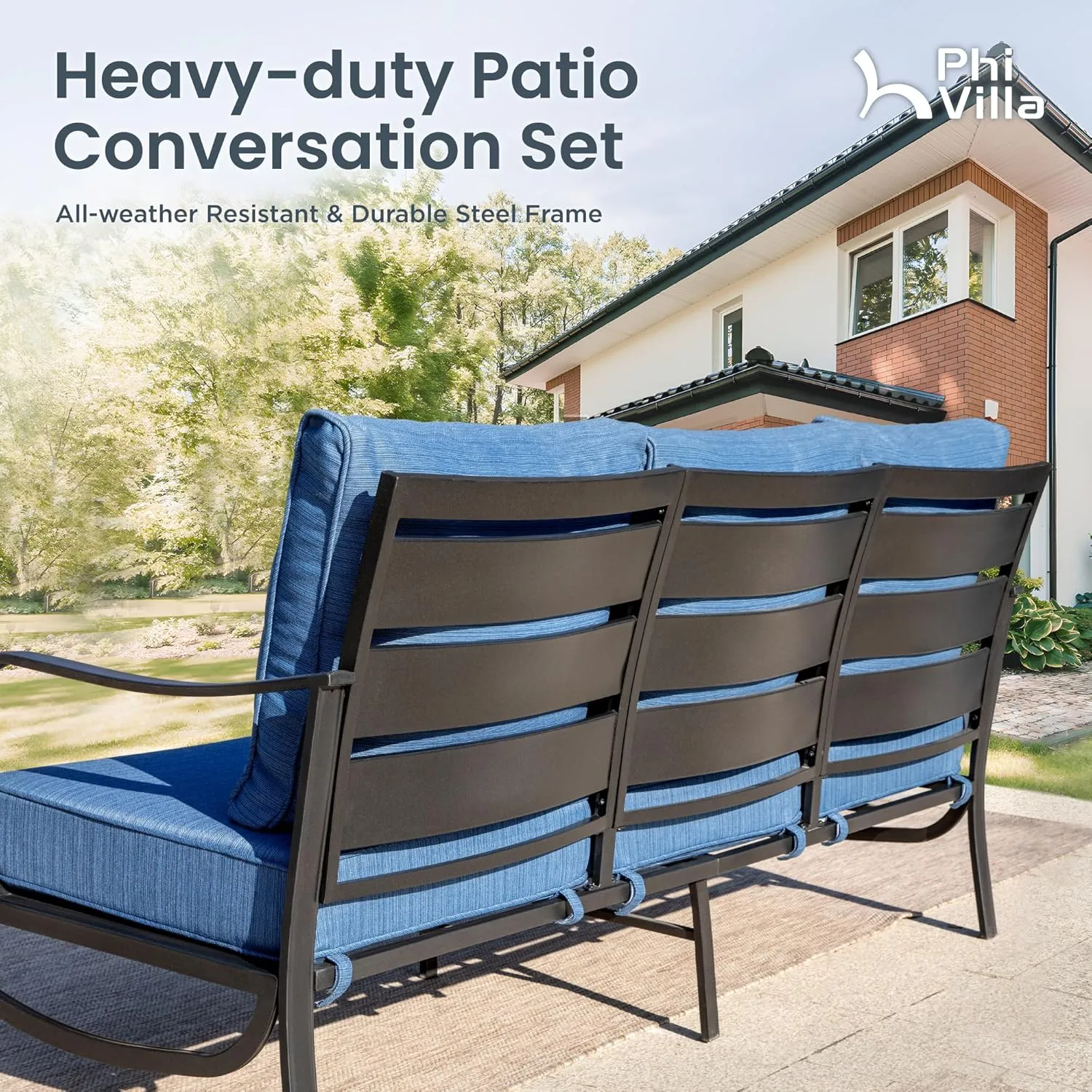 PHI VILLA 4 Piece Patio Furniture with FirePit Table, Metal Outdoor Furniture Set with 3-Seat Wide Deep Seating Bench & 2 x Swivel Sofa Chairs,Outdoor Conversation Set for 5, Peacock Blue