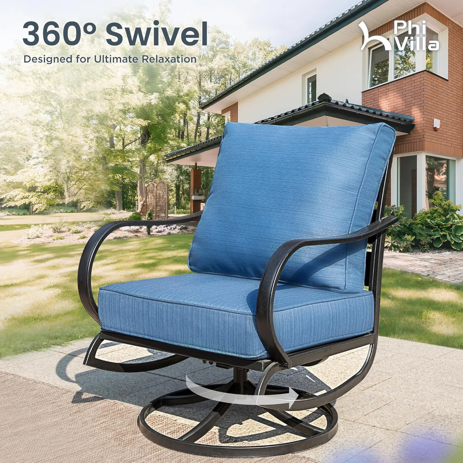 PHI VILLA 4 Piece Patio Furniture with FirePit Table, Metal Outdoor Furniture Set with 3-Seat Wide Deep Seating Bench & 2 x Swivel Sofa Chairs,Outdoor Conversation Set for 5, Peacock Blue
