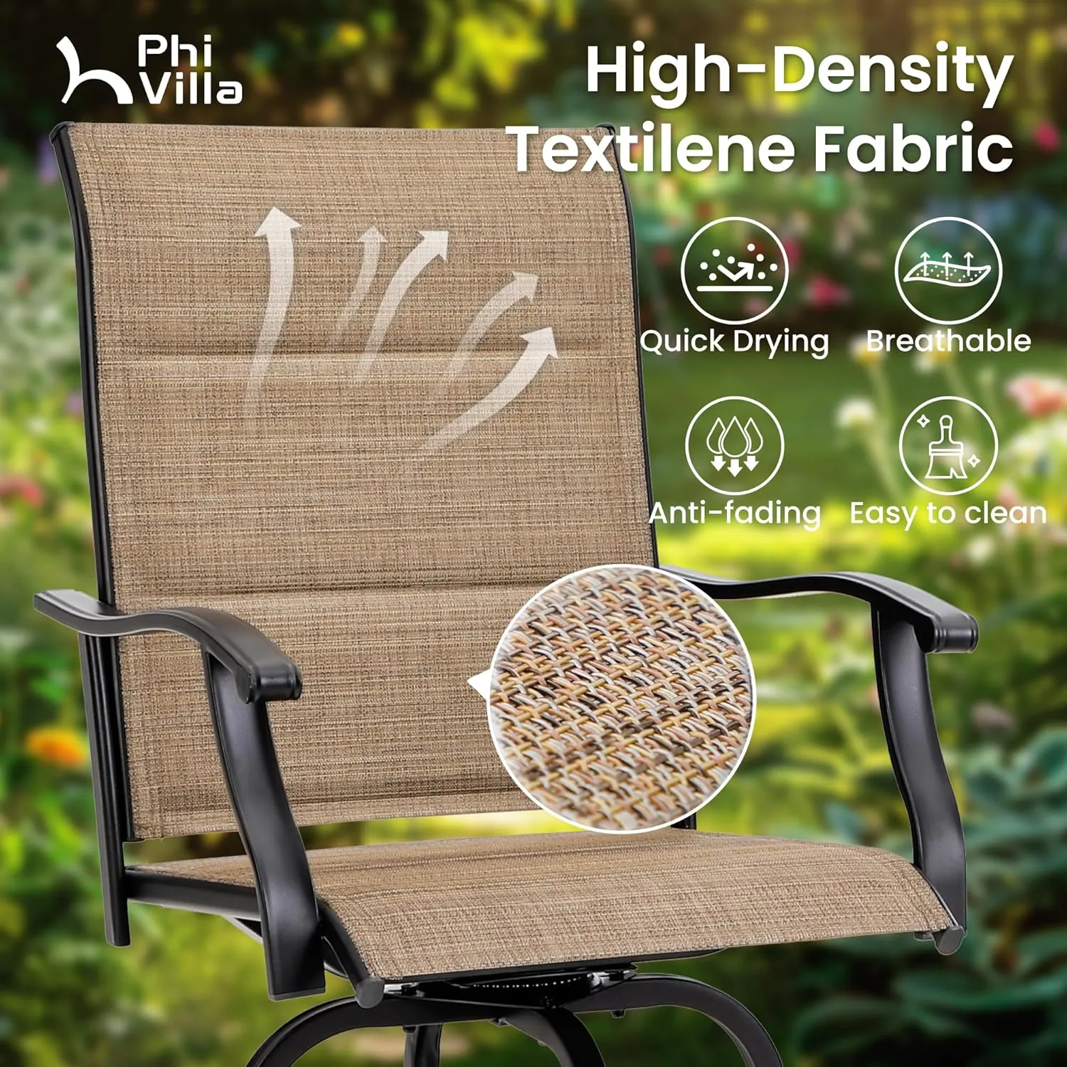 PHI VILLA Outdoor Patio Swivel Bar Stools Set of 4 with Backrest, Bar Height Patio Bar Stools & Chairs with Armrest,Padded Brown Textilene