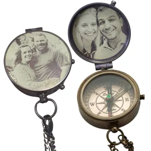 Photo Engraved Personalized Antique Brass Compass - Custom Working Handmade Compass Gift for Men with Customizable Leather Case and Wooden Box - Gift for Husband, Father, Boyfriend & Son