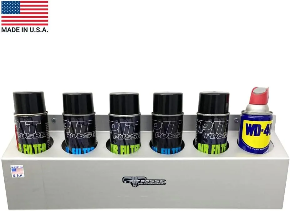 Pit Posse 302 Six Bottle Aerosol Spray Can Rack Shelf Holder 23" Caddy - Made in USA - Enclosed Race Trailer Garage Shop Storage Organizer Aluminum Storage Universal Mounting - 5 Yr Warranty (Silver)