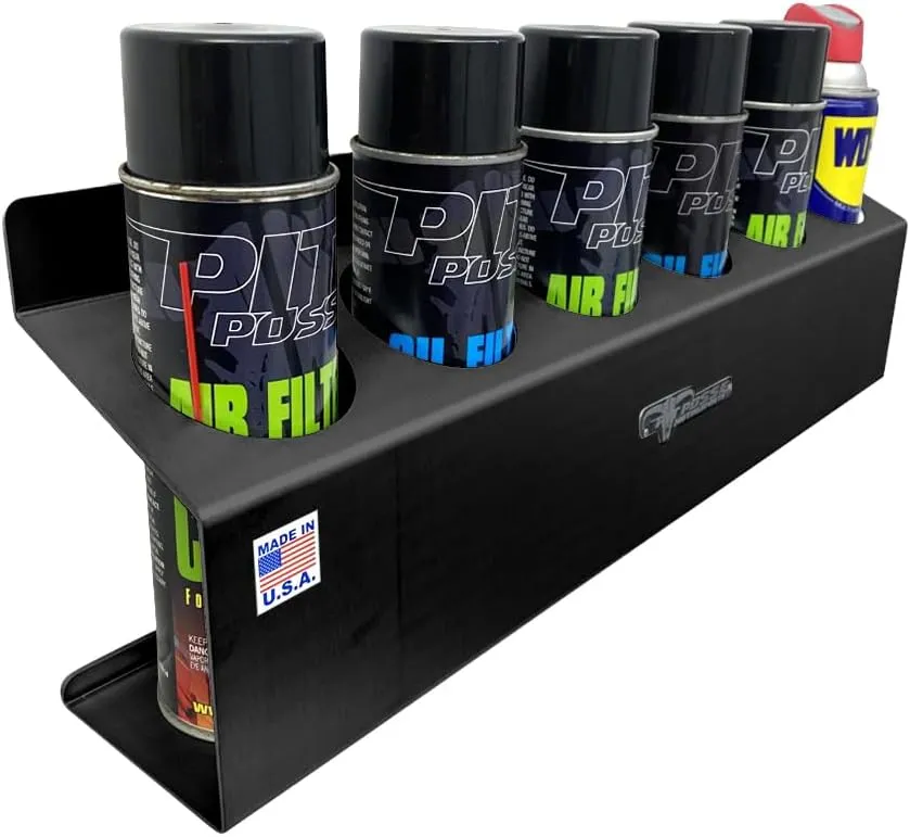 Pit Posse 302BK Six Bottle Aerosol Spray Can Rack Shelf Holder 23" Caddy - Made in USA - Enclosed Race Trailer Garage Shop Storage Organizer Aluminum Storage Universal Mounting - 5 Yr Warranty (Black)