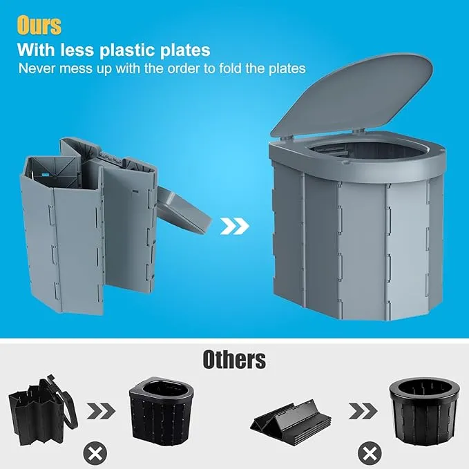 Portable Camping Toilet, Folding Toilet for Adults with Lid and Retractable Toilet Paper Holder, Waterproof Porta Potty with Carry Bag and Disposible Liners for Camping, Hiking, RV Travel, Road Trips