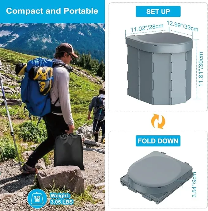 Portable Camping Toilet, Folding Toilet for Adults with Lid and Retractable Toilet Paper Holder, Waterproof Porta Potty with Carry Bag and Disposible Liners for Camping, Hiking, RV Travel, Road Trips