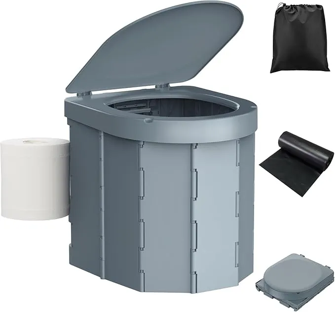 Portable Camping Toilet, Folding Toilet for Adults with Lid and Retractable Toilet Paper Holder, Waterproof Porta Potty with Carry Bag and Disposible Liners for Camping, Hiking, RV Travel, Road Trips