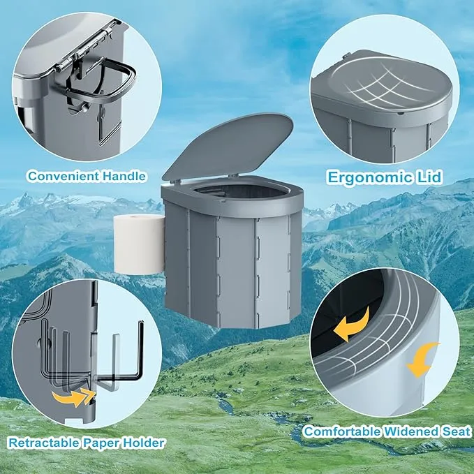 Portable Camping Toilet, Folding Toilet for Adults with Lid and Retractable Toilet Paper Holder, Waterproof Porta Potty with Carry Bag and Disposible Liners for Camping, Hiking, RV Travel, Road Trips