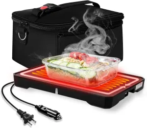 Portable Heated Lunch Box, 12V/24V/110V Conduction Heating Portable Food Warmer for Adults, Mini Portable Microwave 9.06"x6.61"x0.98" with Carry Bag, Easy to Use Car Food Warmer