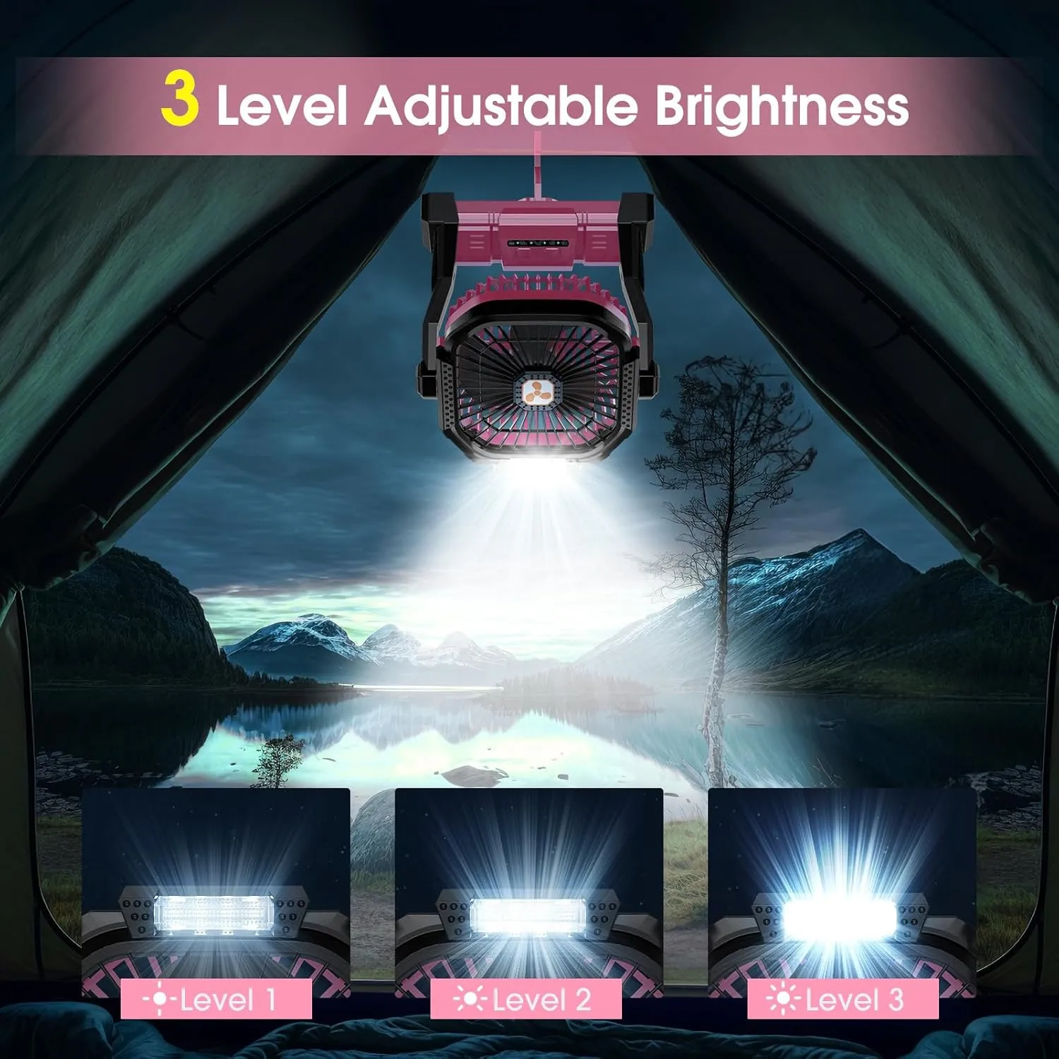 Portable Rechargeable Fan, 20000mAh Cordless Battery Powered Camping Tent Fans with LED Lantern, Small USB C Operated Outdoor Ventiladores for Travel Camp Fishing Office Home Essentials