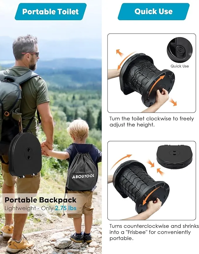 Portable Toilet for Adults, Adjustable Height Camping Toilet Portable, Outdoor Emergency Toilet for Car, Travel, Camping, and Hiking, Comfortable Portable Potty for Adults with 20 Toilet Bags
