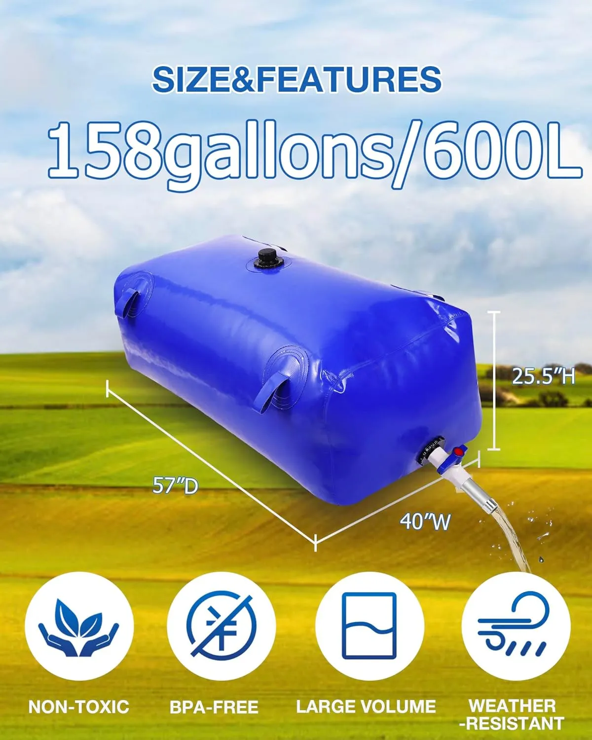 Portable Water Storage Bladder, 158gal/600L Large Capacity Water Storage Containers, Portable PVC Water Reservoir with valves and Overflow Kit, Foldable Water Tank for Outdoor Use, blue
