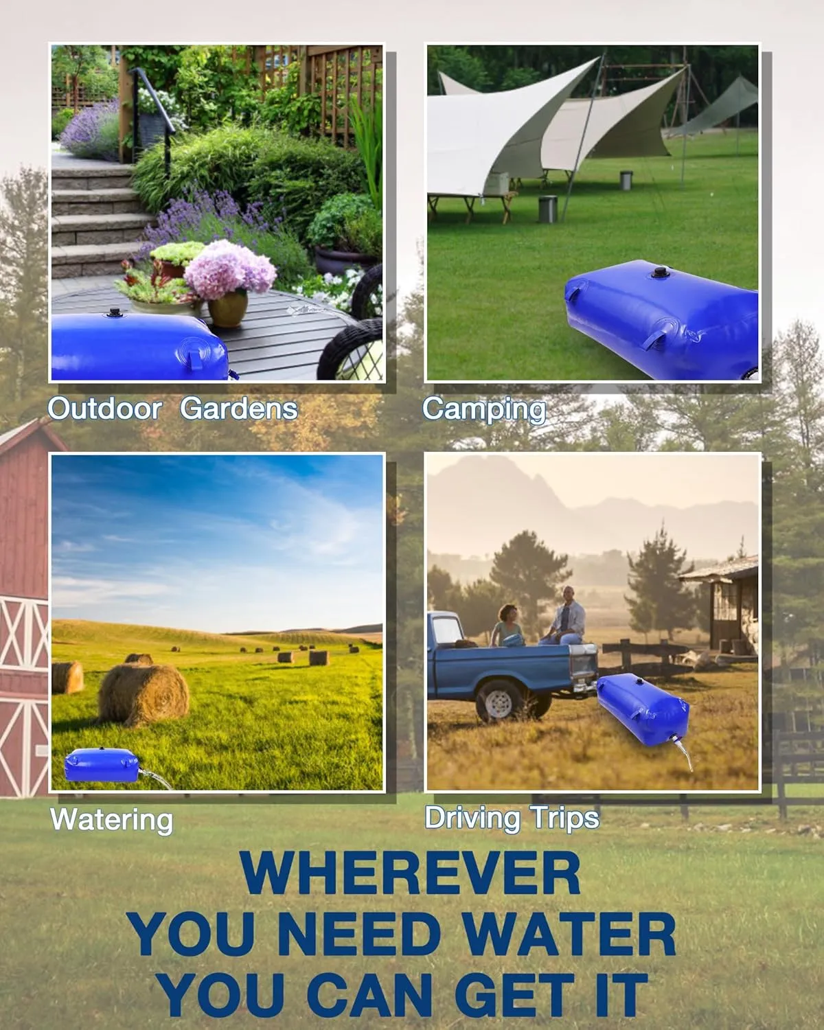 Portable Water Storage Bladder, 158gal/600L Large Capacity Water Storage Containers, Portable PVC Water Reservoir with valves and Overflow Kit, Foldable Water Tank for Outdoor Use, blue
