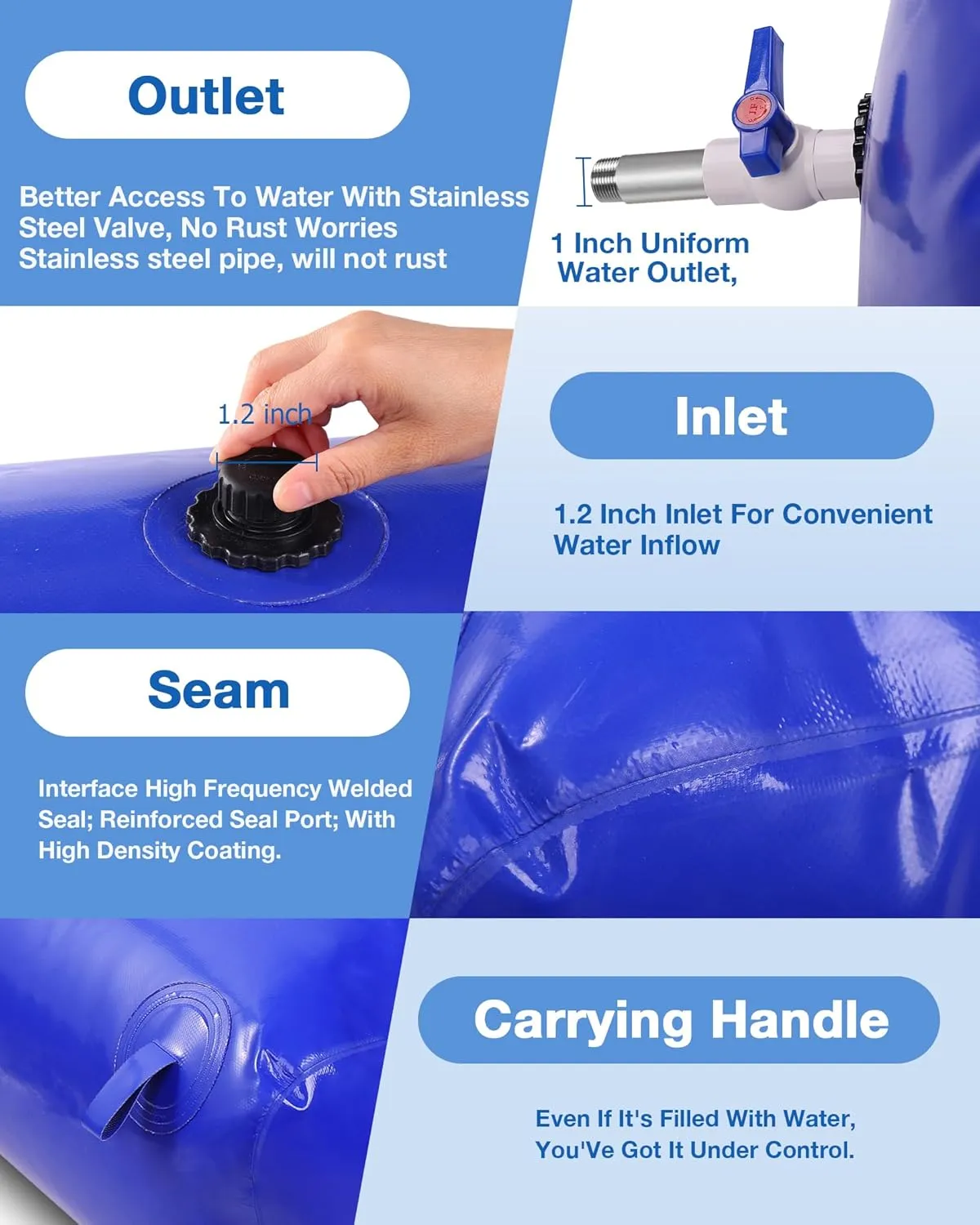 Portable Water Storage Bladder, 158gal/600L Large Capacity Water Storage Containers, Portable PVC Water Reservoir with valves and Overflow Kit, Foldable Water Tank for Outdoor Use, blue