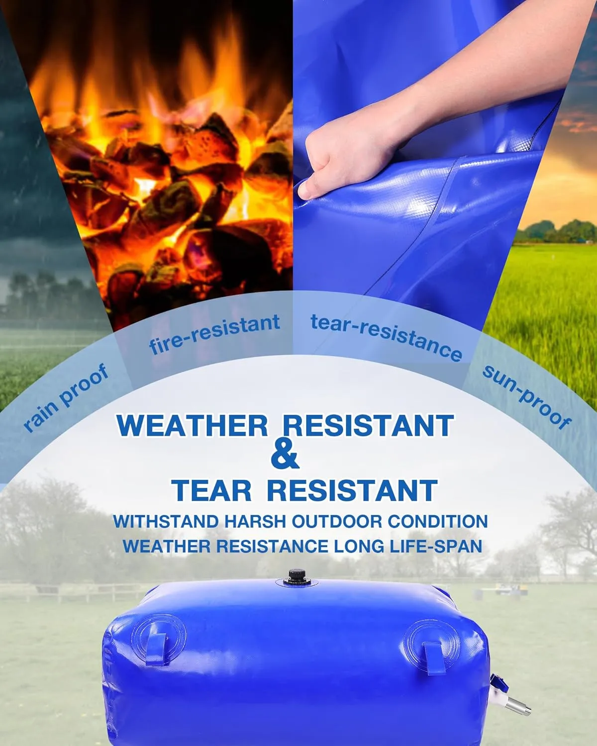 Portable Water Storage Bladder, 158gal/600L Large Capacity Water Storage Containers, Portable PVC Water Reservoir with valves and Overflow Kit, Foldable Water Tank for Outdoor Use, blue