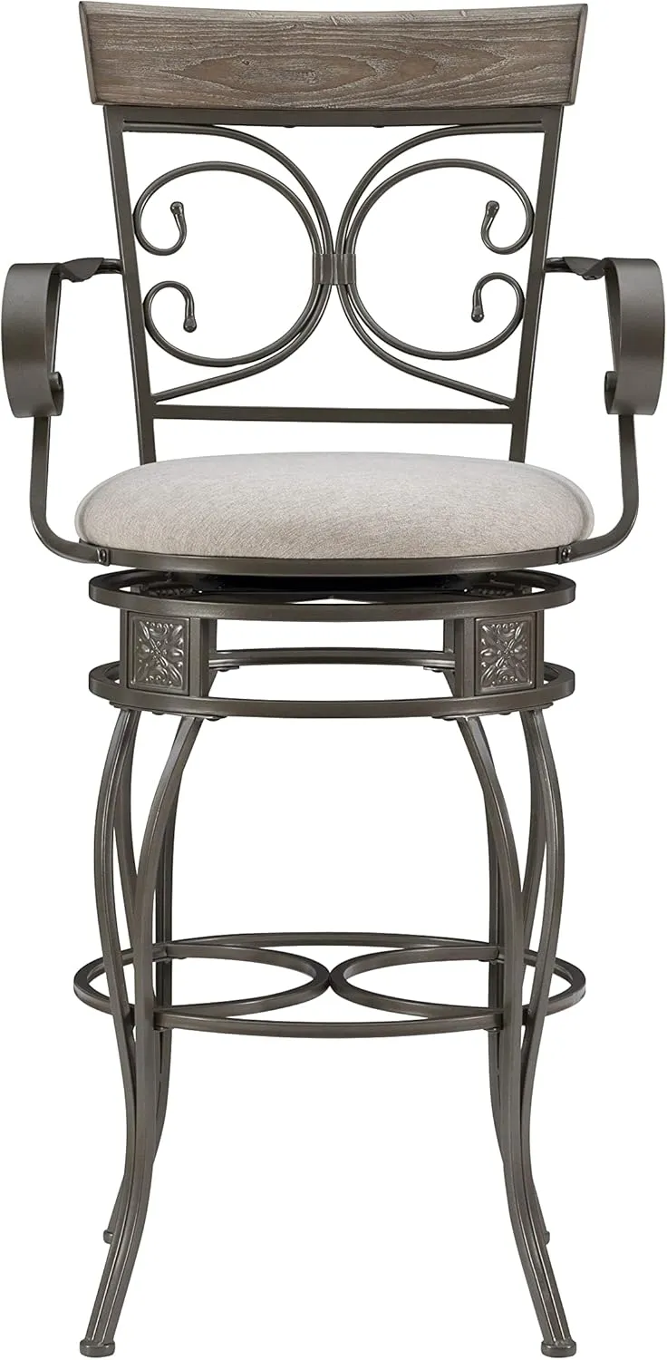 Powell Dayne Big and Tall 31" Barstool with Arms in Pewter Metal with Light Grey Padded Seat with 360 Swivel