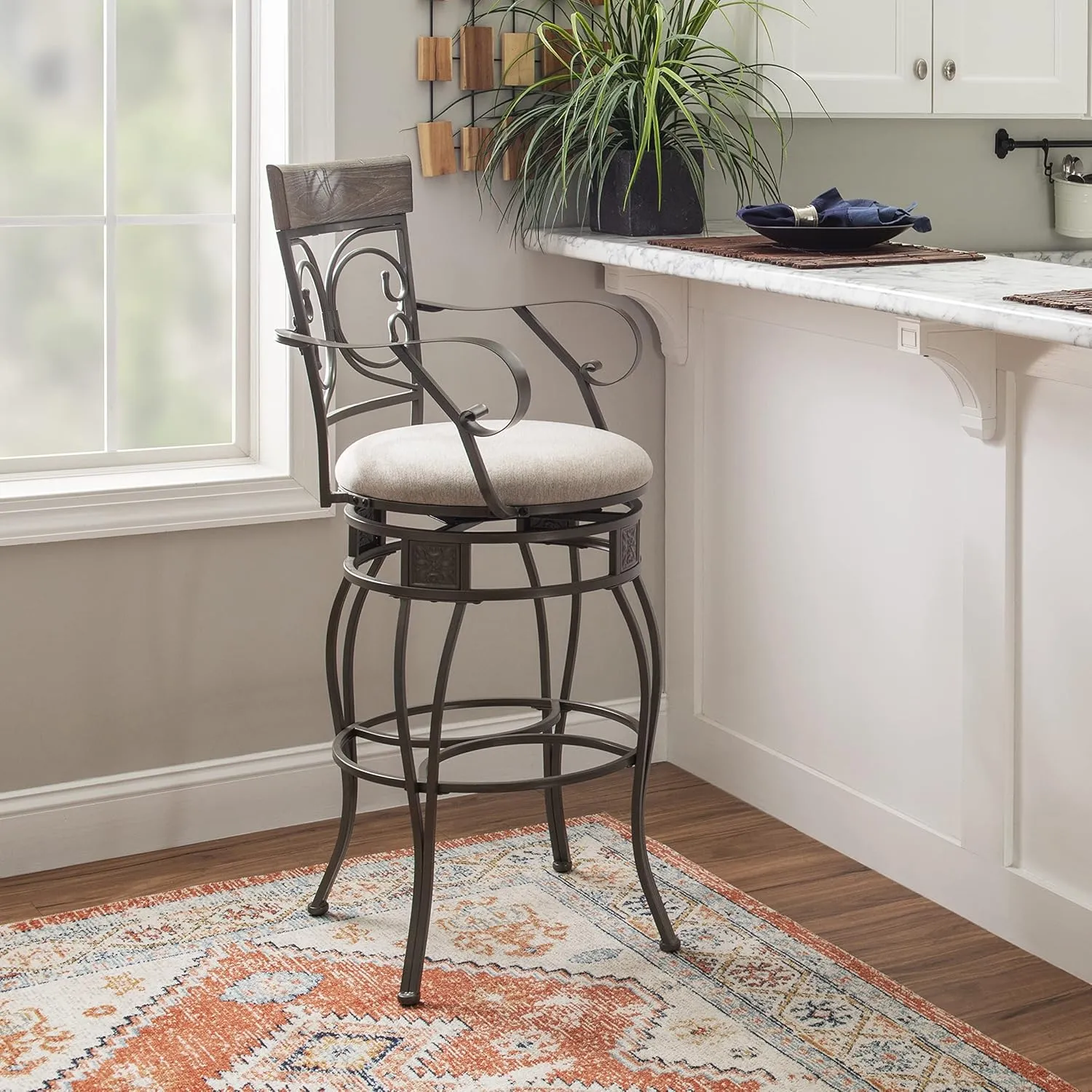 Powell Dayne Big and Tall 31" Barstool with Arms in Pewter Metal with Light Grey Padded Seat with 360 Swivel