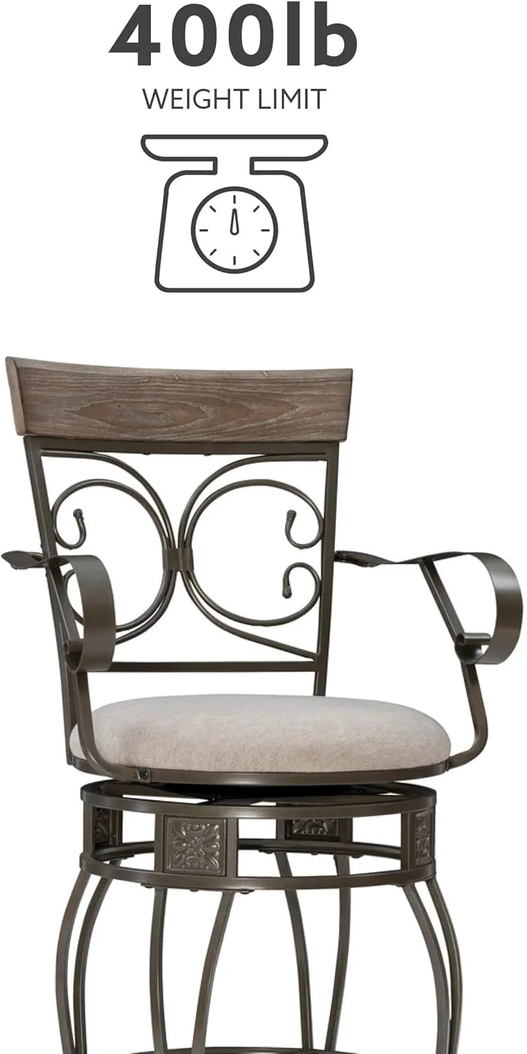 Powell Dayne Big and Tall 31" Barstool with Arms in Pewter Metal with Light Grey Padded Seat with 360 Swivel