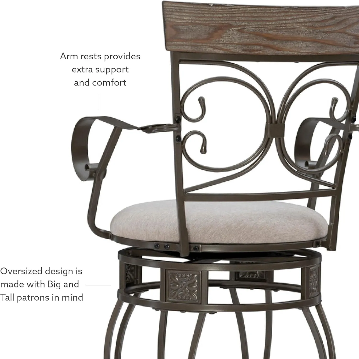 Powell Dayne Big and Tall 31" Barstool with Arms in Pewter Metal with Light Grey Padded Seat with 360 Swivel