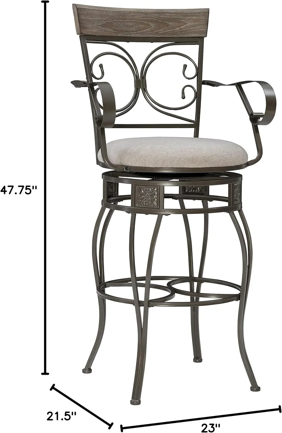 Powell Dayne Big and Tall 31" Barstool with Arms in Pewter Metal with Light Grey Padded Seat with 360 Swivel