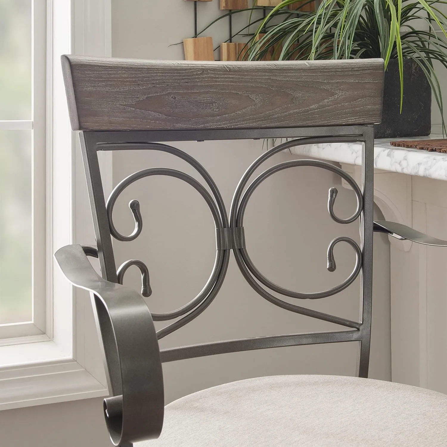 Powell Dayne Big and Tall 31" Barstool with Arms in Pewter Metal with Light Grey Padded Seat with 360 Swivel