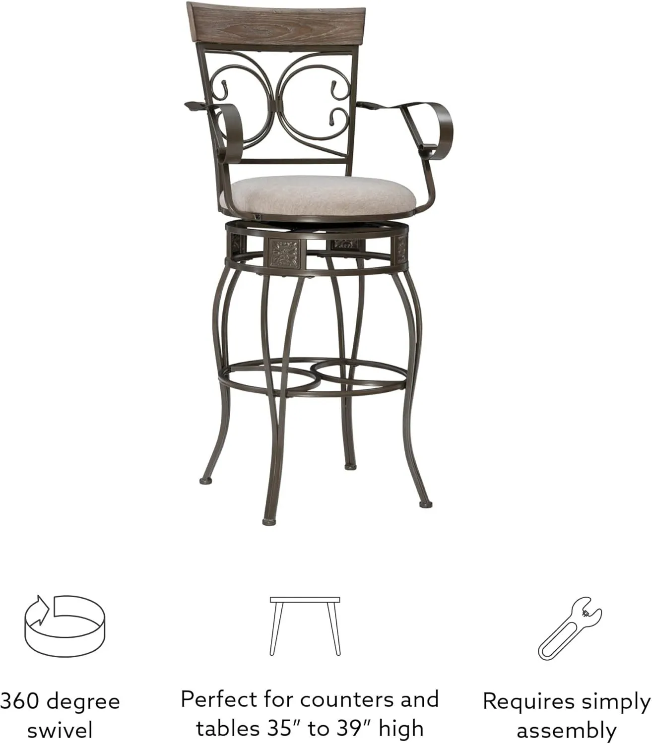 Powell Dayne Big and Tall 31" Barstool with Arms in Pewter Metal with Light Grey Padded Seat with 360 Swivel