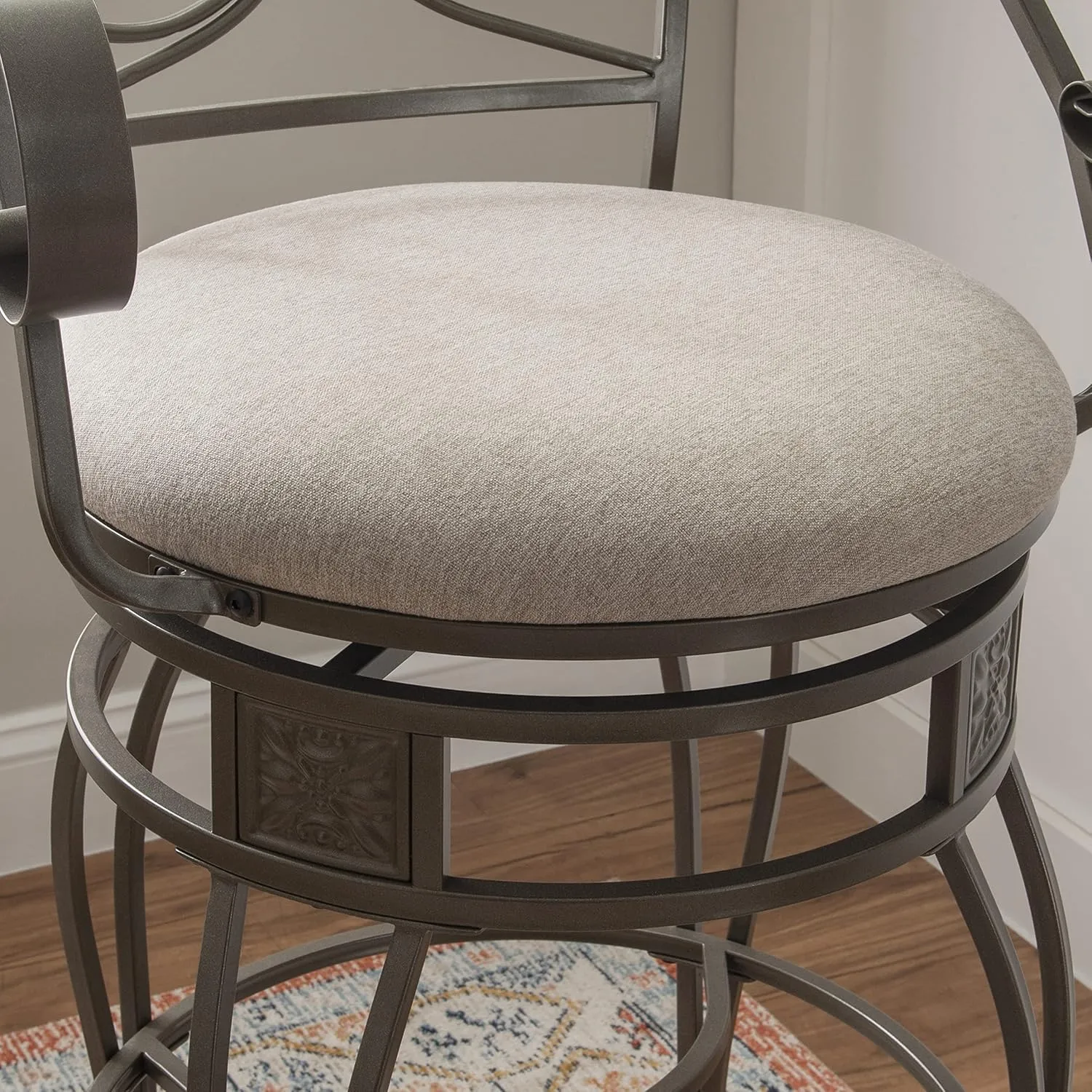 Powell Dayne Big and Tall 31" Barstool with Arms in Pewter Metal with Light Grey Padded Seat with 360 Swivel