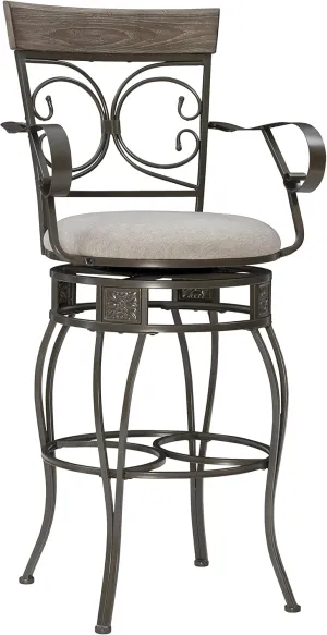 Powell Dayne Big and Tall 31" Barstool with Arms in Pewter Metal with Light Grey Padded Seat with 360 Swivel