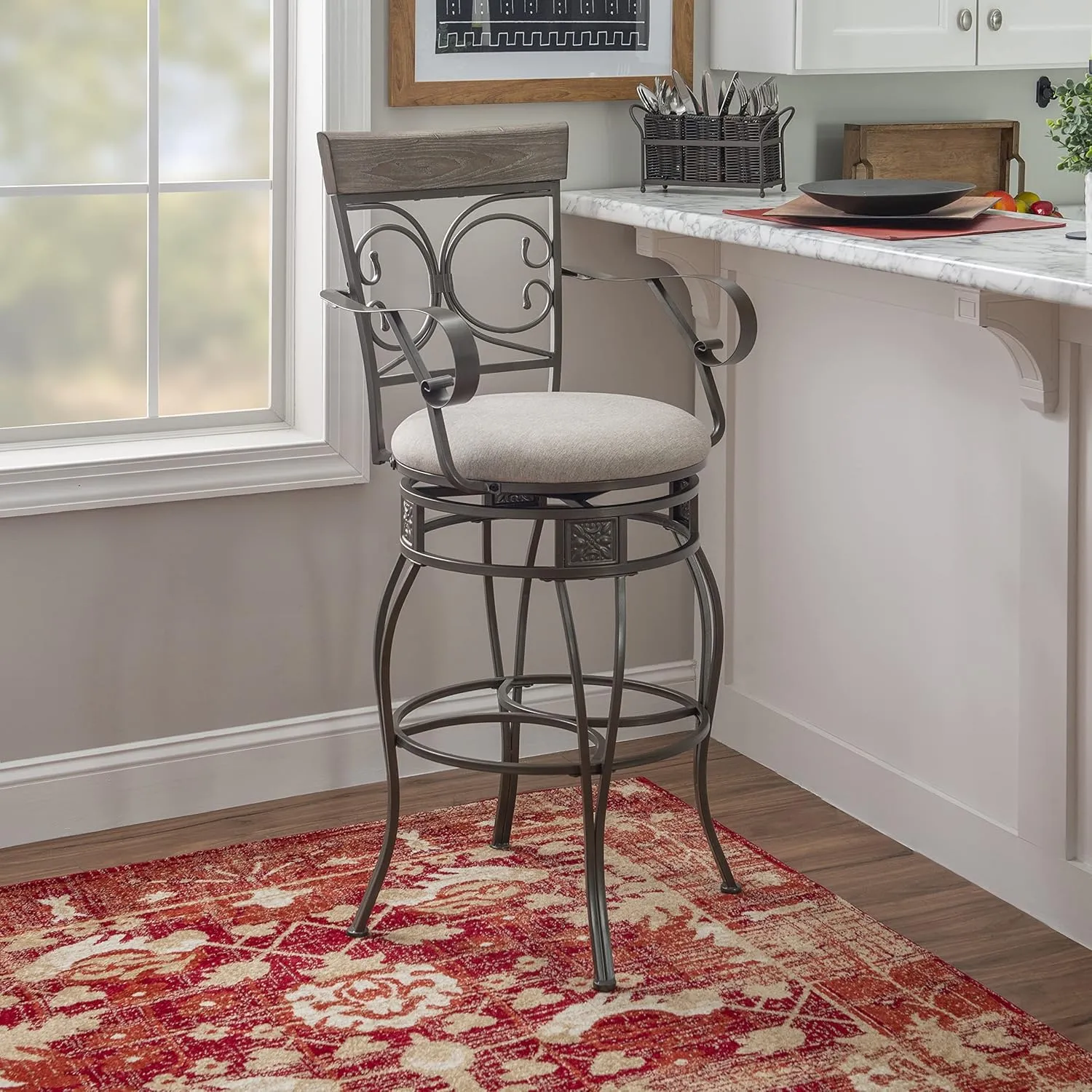 Powell Dayne Big and Tall 31" Barstool with Arms in Pewter Metal with Light Grey Padded Seat with 360 Swivel