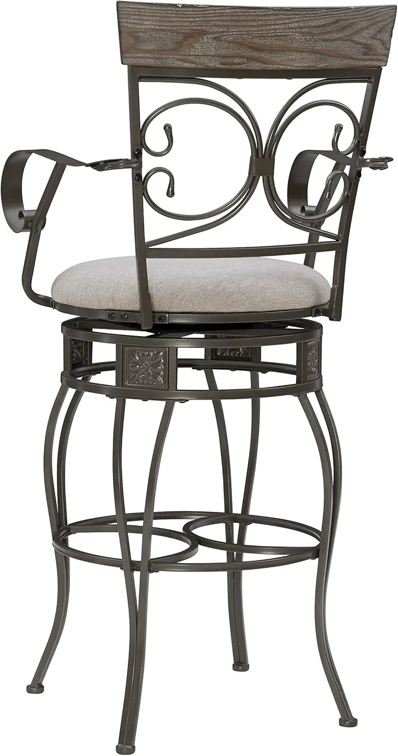 Powell Dayne Big and Tall 31" Barstool with Arms in Pewter Metal with Light Grey Padded Seat with 360 Swivel