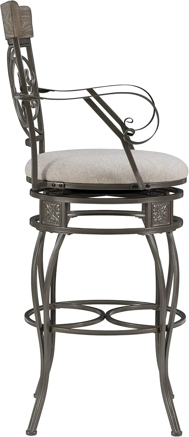 Powell Dayne Big and Tall 31" Barstool with Arms in Pewter Metal with Light Grey Padded Seat with 360 Swivel