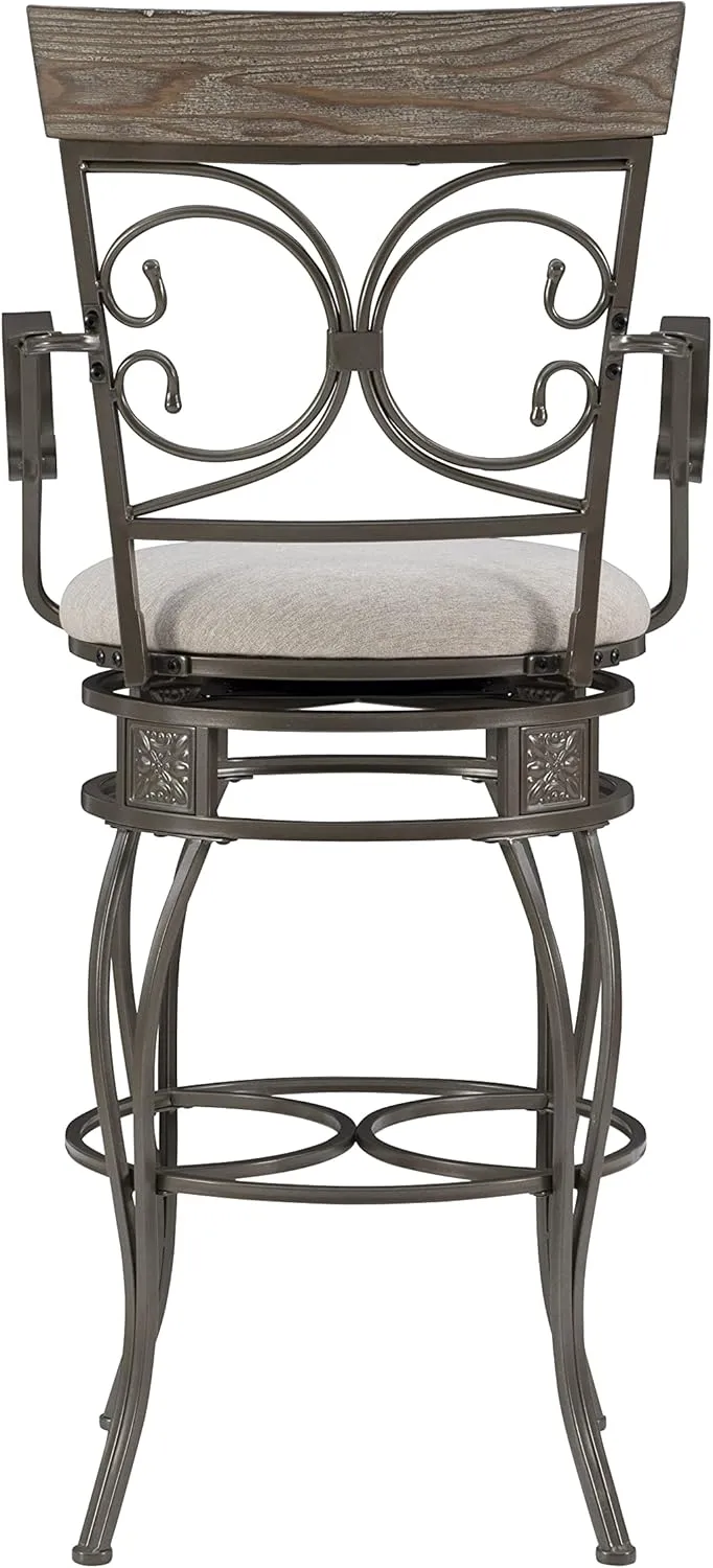 Powell Dayne Big and Tall 31" Barstool with Arms in Pewter Metal with Light Grey Padded Seat with 360 Swivel
