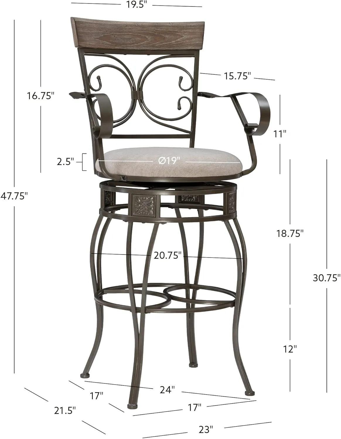 Powell Dayne Big and Tall 31" Barstool with Arms in Pewter Metal with Light Grey Padded Seat with 360 Swivel