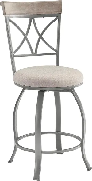 Powell Hamilton Pewter Swivel Counter Stool with Light Grey Upholstered Seat and Greywash Wood Back