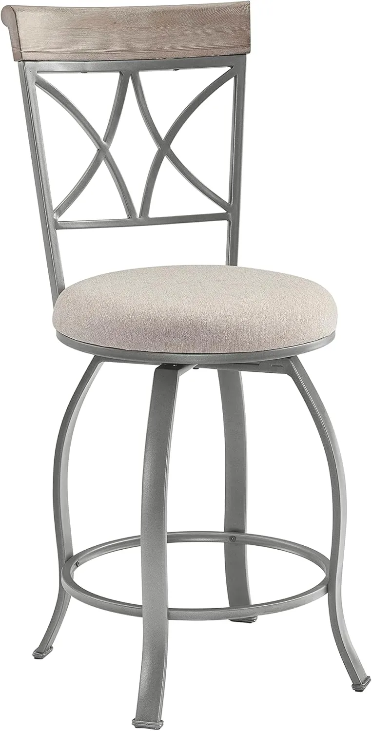Powell Hamilton Pewter Swivel Counter Stool with Light Grey Upholstered Seat and Greywash Wood Back