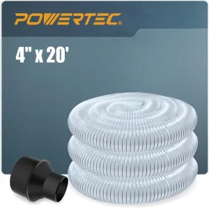 POWERTEC 4" x 20' Flexible PVC Dust Collection Hose with Cone Reducer for Table Saw, Band Saw, Planer, Jointer, Woodworking and Garage, Woodshop Dust Collection System (70386)