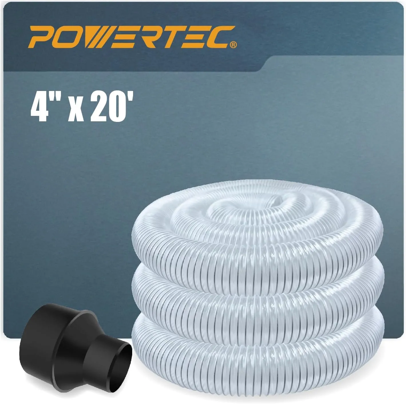 POWERTEC 4" x 20' Flexible PVC Dust Collection Hose with Cone Reducer for Table Saw, Band Saw, Planer, Jointer, Woodworking and Garage, Woodshop Dust Collection System (70386)