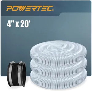 POWERTEC 4" x 20' Flexible PVC Dust Collection Hose with Dust Control Flex Cuff for Table Saw, Band Saw, Planer, Jointer, Woodworking and Garage, Woodshop Dust Collection System (70388)