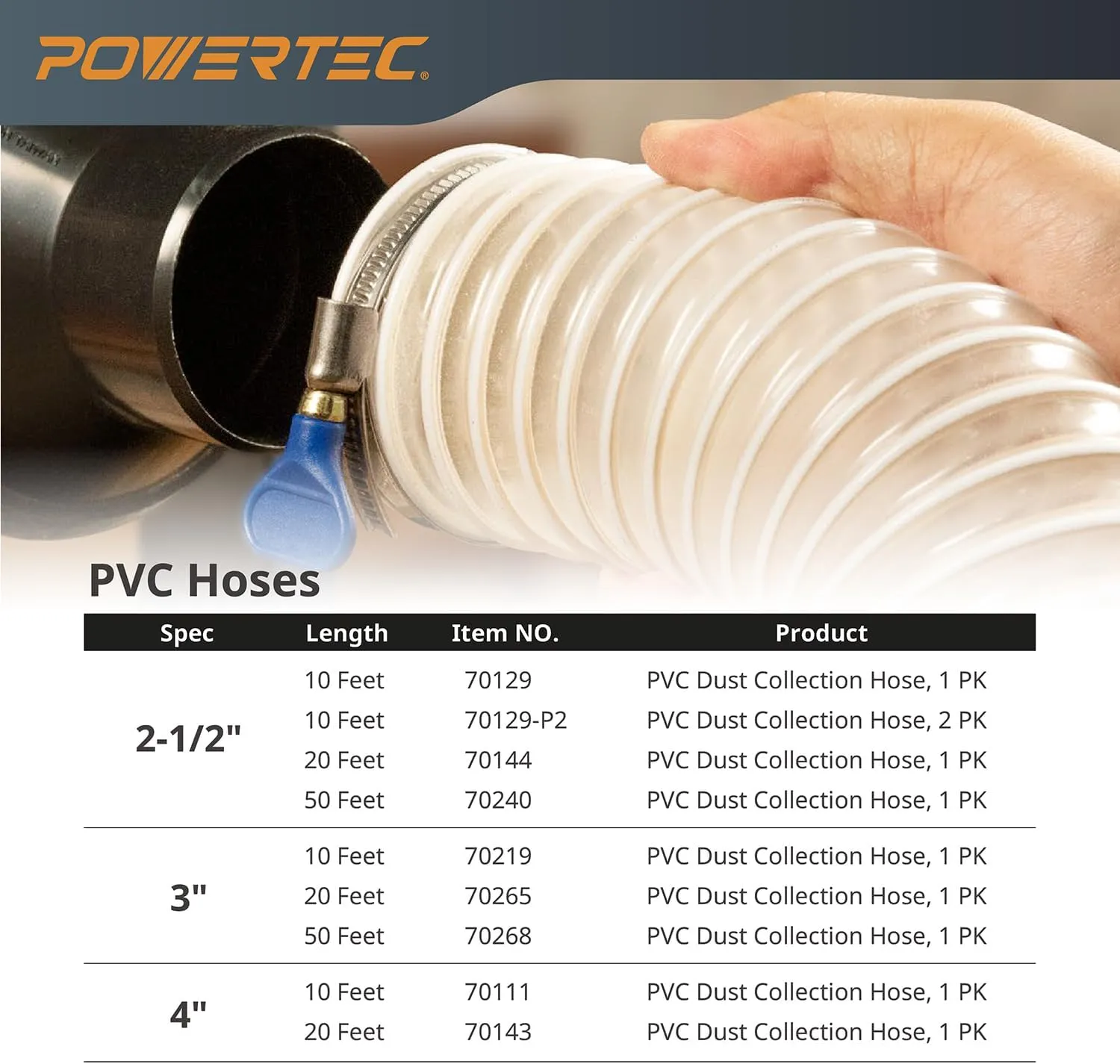 POWERTEC 6" x 20' Dust Collection Hose, 6 Inch Dust Collector Hose for Woodworking and Wood Shop Dust Collection System (70267)